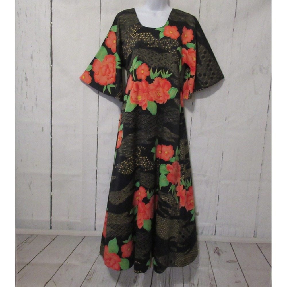 Vintage Two Potato Laguna Beach Dress S Black Floral Tropical Kimono Mumu Maxi